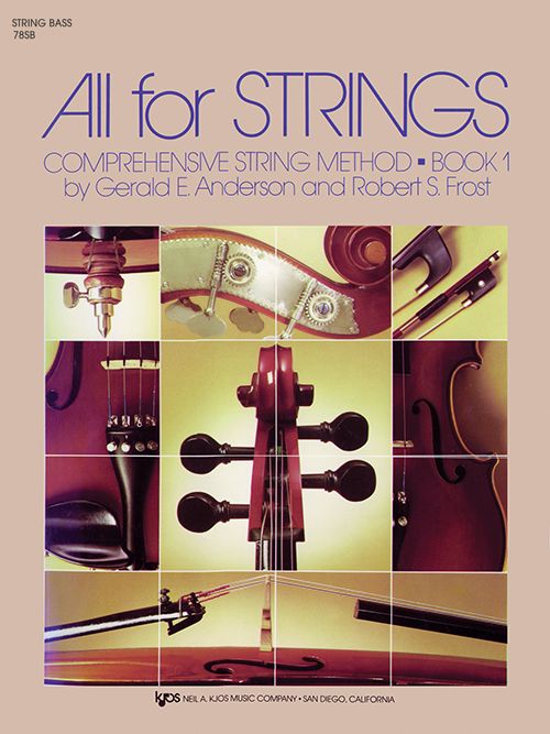 Book cover for All For Strings Bass by Gerald E. Anderson and Robert S. Frost, featuring a collage of string instruments—an ideal resource for string curriculums and music education programs.