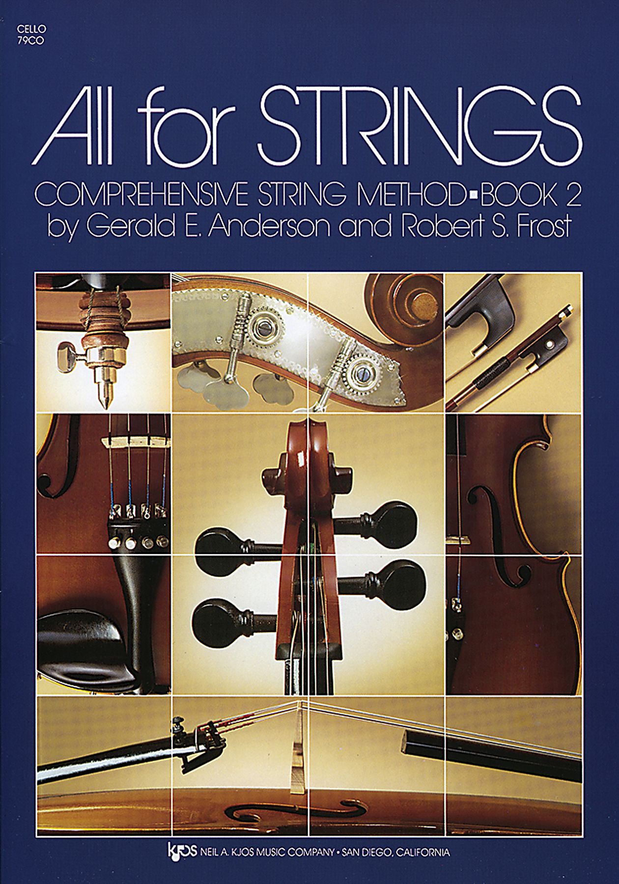 Book cover for All For Strings - Cello Bks 1, 2, or 3 shows a collage of cello and violin parts on a dark blue background, ideal as a beginner cello method book or for use in school orchestras.