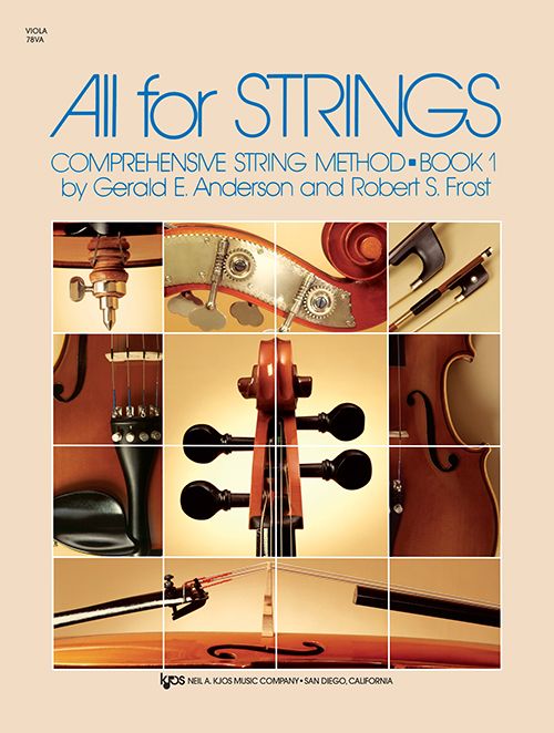 Cover of All for Strings Viola, Book 1—a comprehensive beginning string method—features a collage of string instrument parts and names authors Gerald E. Anderson and Robert S. Frost at the top, perfect for music education.