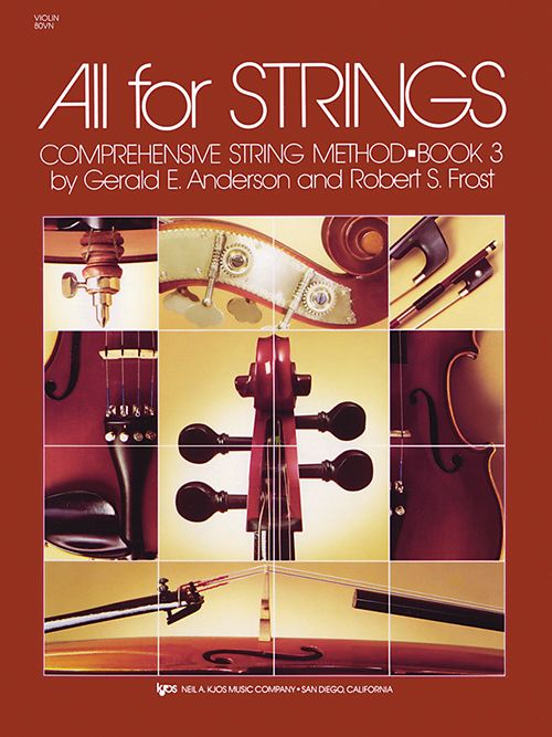 Cover of All For Strings Violin, Book 3 by Gerald E. Anderson and Robert S. Frost, displaying a collage of string instrument parts in squares on a red background—a must-have addition to any string curriculum.
