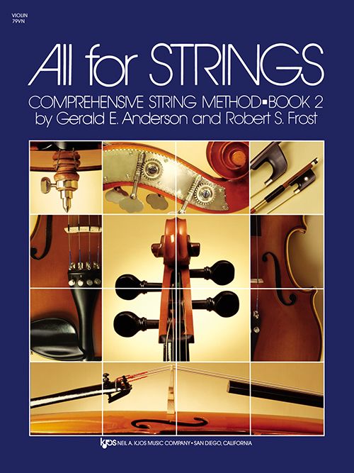 Cover of All For Strings Violin Book 2 with a collage of string instruments and bows, white and purple title text, author names Gerald E. Anderson and Robert S. Frost, and publisher info for this popular violin method book.