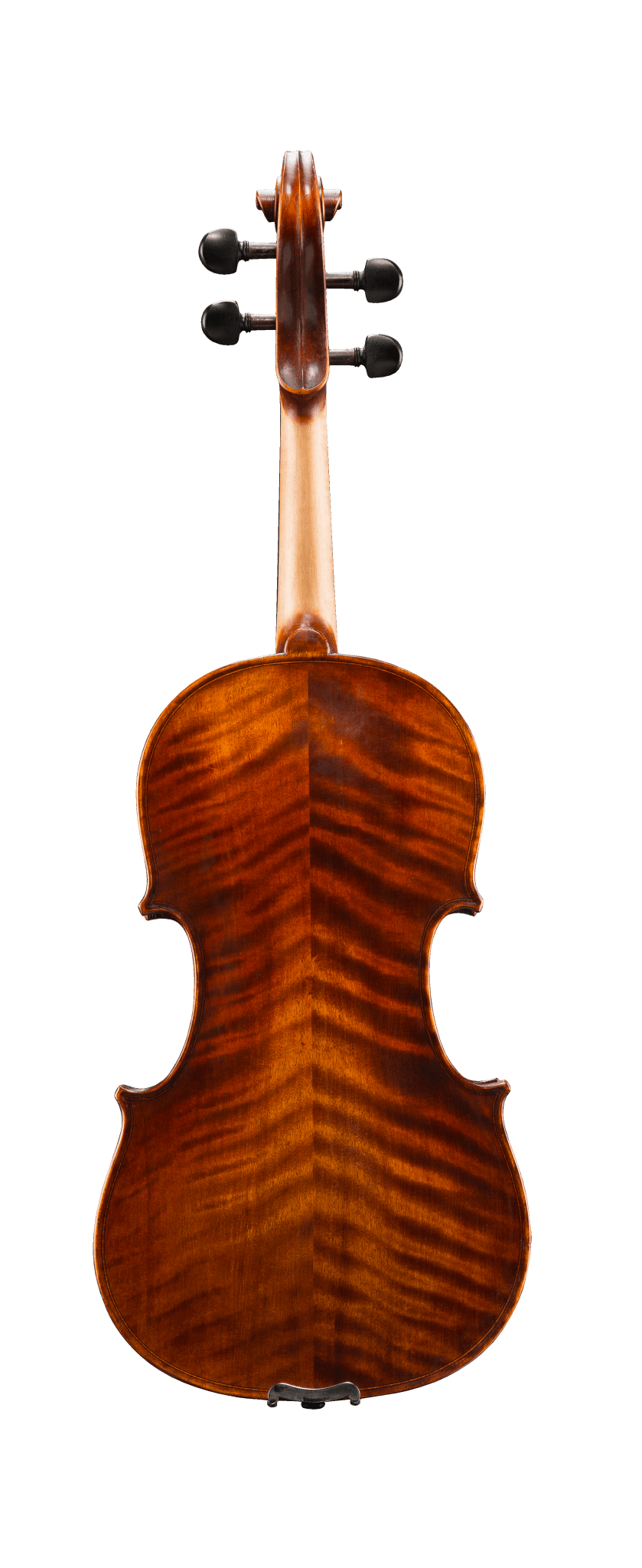 A viola viewed from the back, displaying its deep brown wood grain and lustrous, polished finish, with visible tuning pegs against a light background—echoing the refined craftsmanship of the Andreas Eastman VA305 Stradivari Viola.