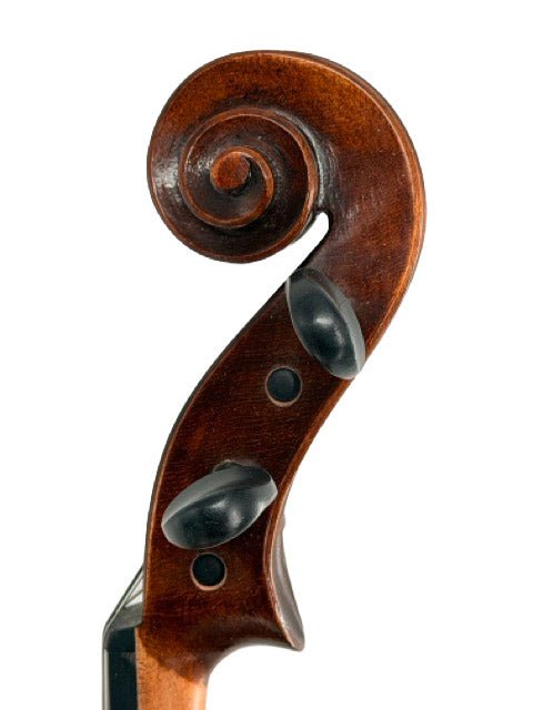 Close-up of an Andreas Eastman VA305 Stradivari Viola scroll and tuning pegs, highlighting the intricate carved wood spiral and dark pegs set against a white background.