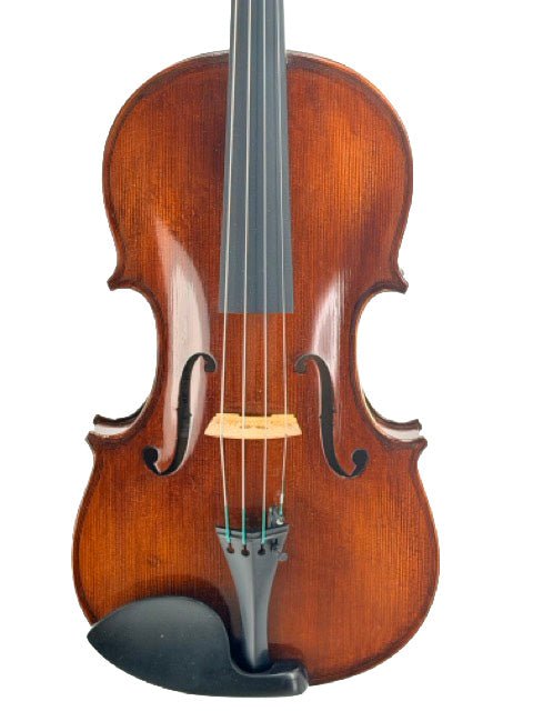 A close-up of a violin highlights its wooden body, strings, f-holes, bridge, and chin rest—showcasing elegant craftsmanship and refined design reminiscent of the Andreas Eastman VA305 Stradivari Viola—set against a white background.