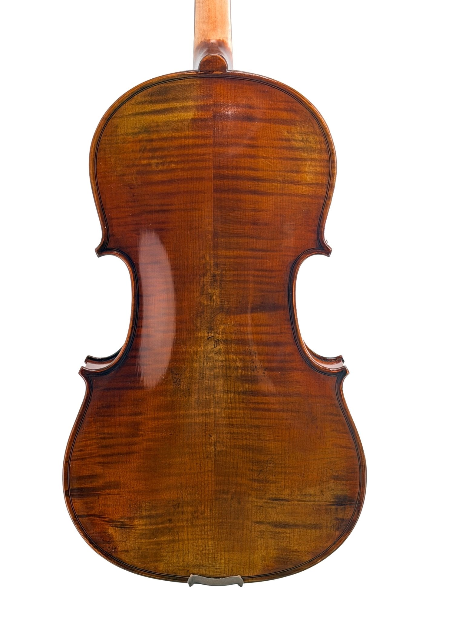 The back of the Andreas Eastman VA405 Viola, crafted from polished brown wood and finished with an antiqued spirit varnish that accentuates its rich wood grain and smooth finish, photographed against a white background.