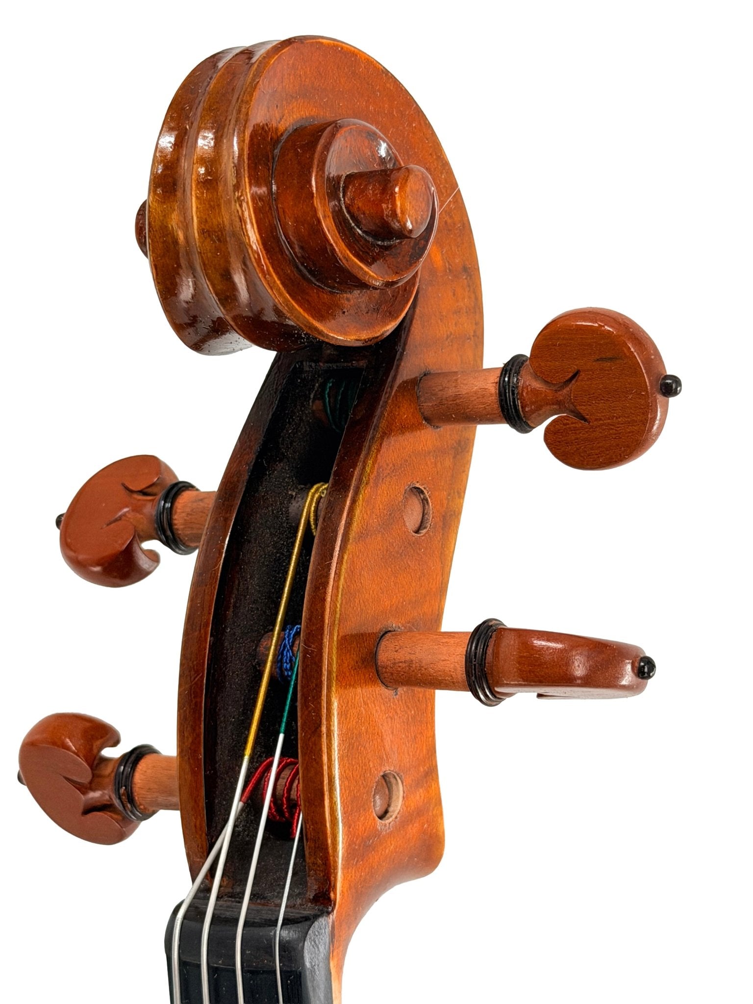 A close-up image showcases the wooden scroll and tuning pegs of the Andreas Eastman VA405 Viola, with four colored strings visible against a white background—highlighting the meticulous craftsmanship and antiqued spirit varnish that characterize this handcrafted performance viola.