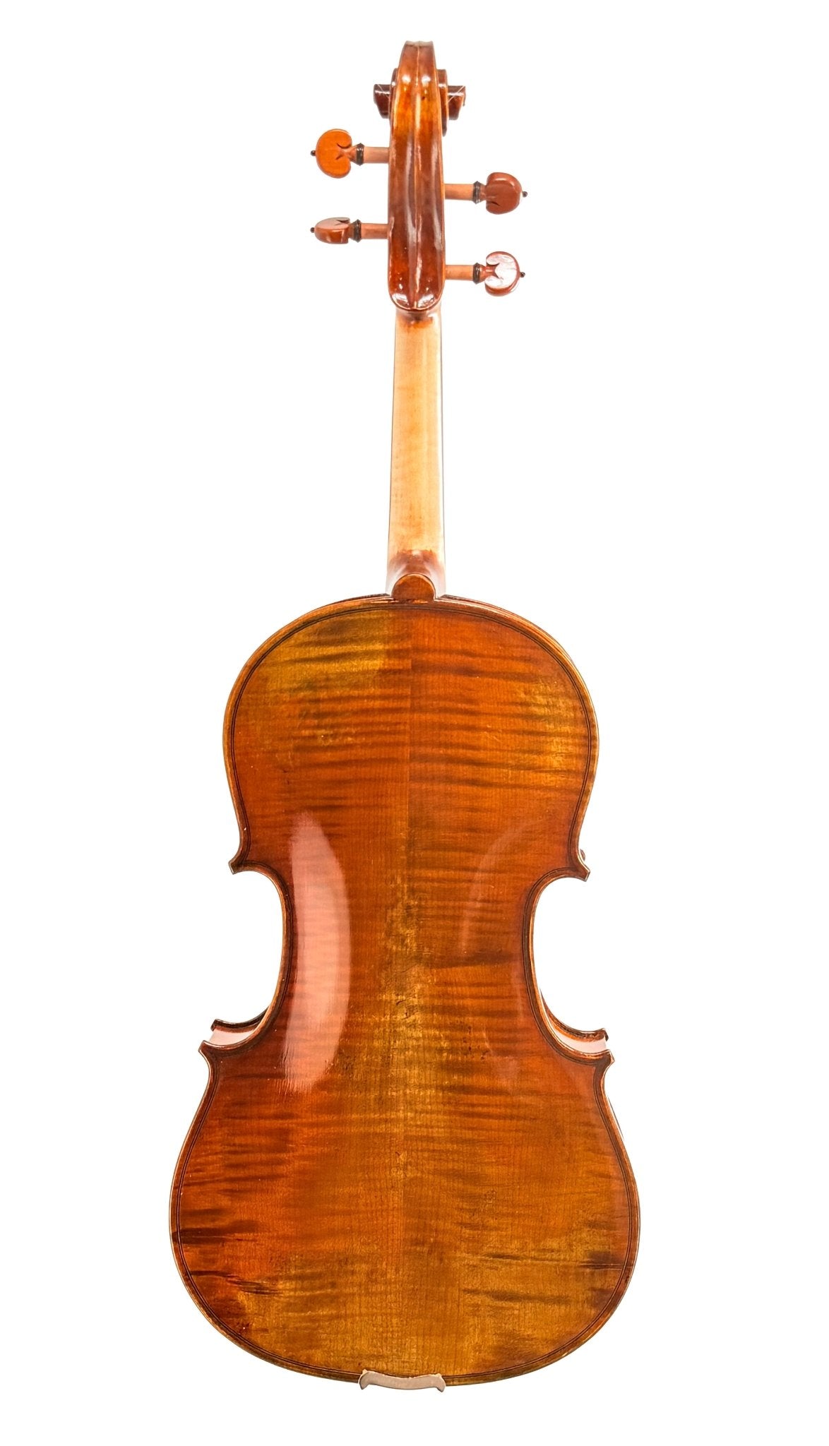 The back view of the Andreas Eastman VA405 Viola, displaying its rich brown color and elegantly curved shape finished with antiqued spirit varnish, highlights the intricate wood grain details—photographed on a white background.
