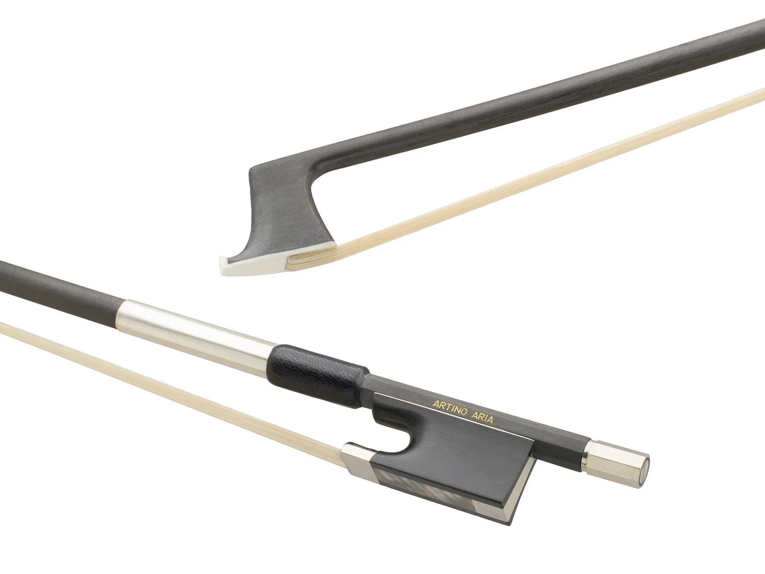A detailed and full-length view of the Artino Aria BC-471 Carbon Fiber Violin Bow – 4/4 with silver fittings, displayed against a white background. The bow features "ARTINO ARIA BC-471" printed in gold near the frog, emphasizing this elegant full-size violin bow.
