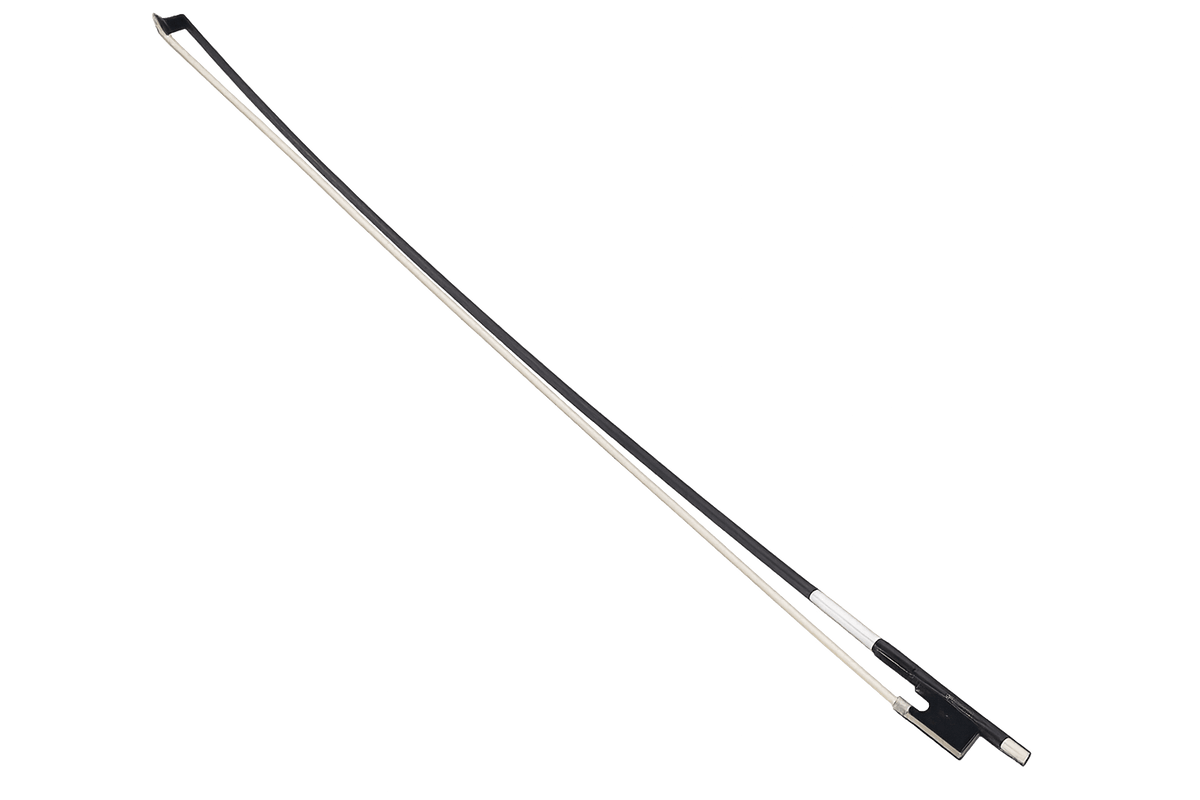 The Artino Aria BC-471 Carbon Fiber Violin Bow – 4/4 features a full-size black carbon fiber stick, white horsehair, and a black frog, shown against a plain white background. Designed for discerning violinists, this model offers both durability and excellent performance.