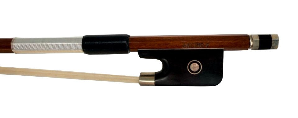 Close-up of the Artino BF-2217 Pernambuco Viola Bow – Peccatte Style, highlighting its wooden stick, silver winding, black frog, and end screw.