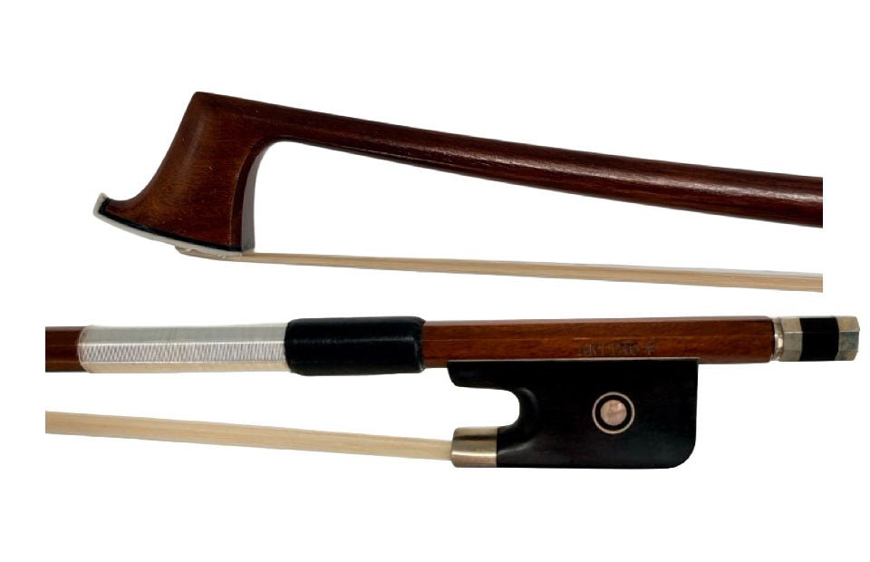 Close-up of the Artino BF-2217 Pernambuco Viola Bow – Peccatte Style, highlighting its wooden construction, frog, grip, tip, and horsehair stretched between both ends.