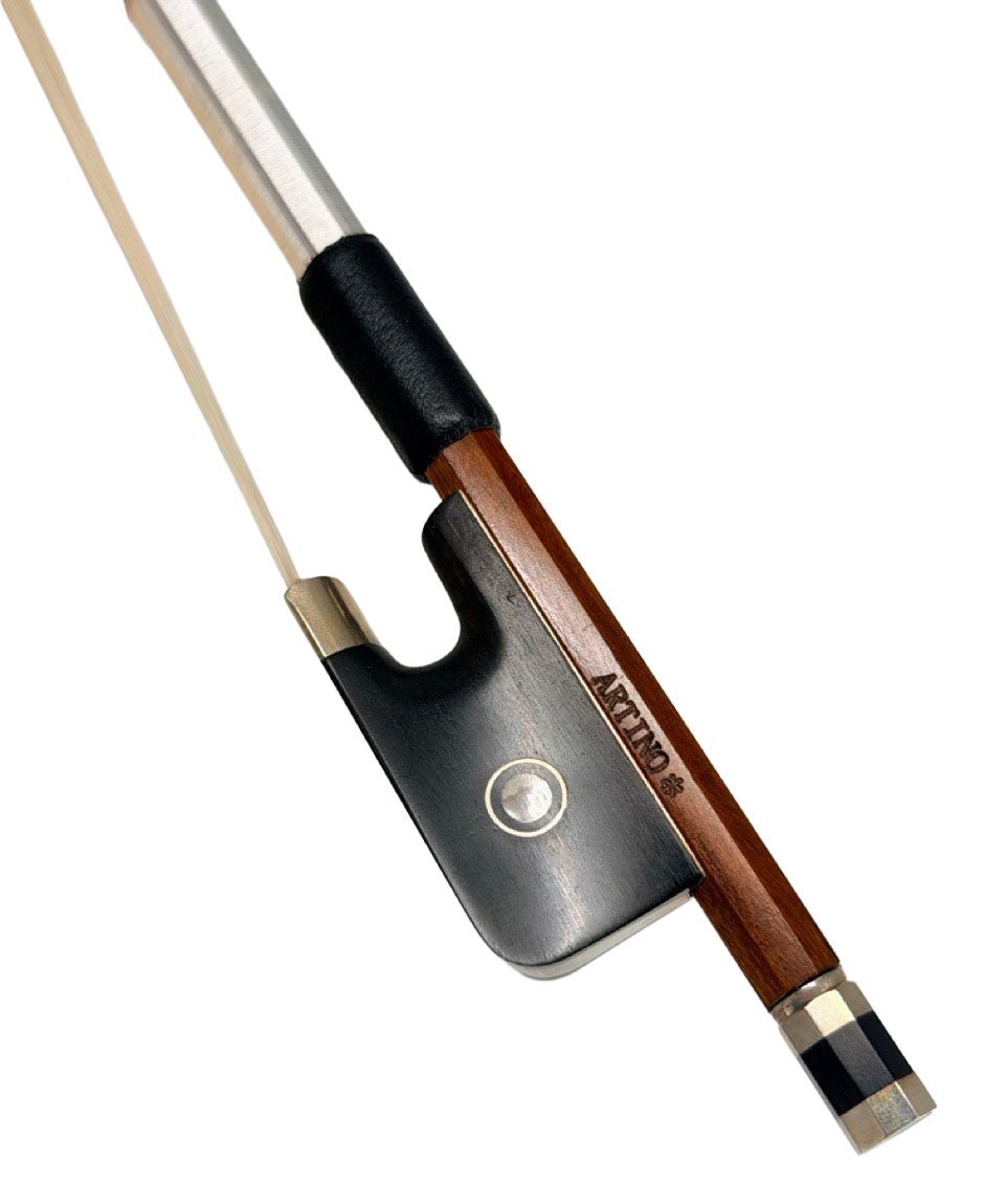 Close-up of an Artino BF-2217 Pernambuco Viola Bow in the Peccatte style, showing the frog, screw, and part of the brown pernambuco stick. The silver winding and black grip are visible, with “Alfred” engraved on the wood—a detail reminiscent of a finely-crafted, professional viola bow.