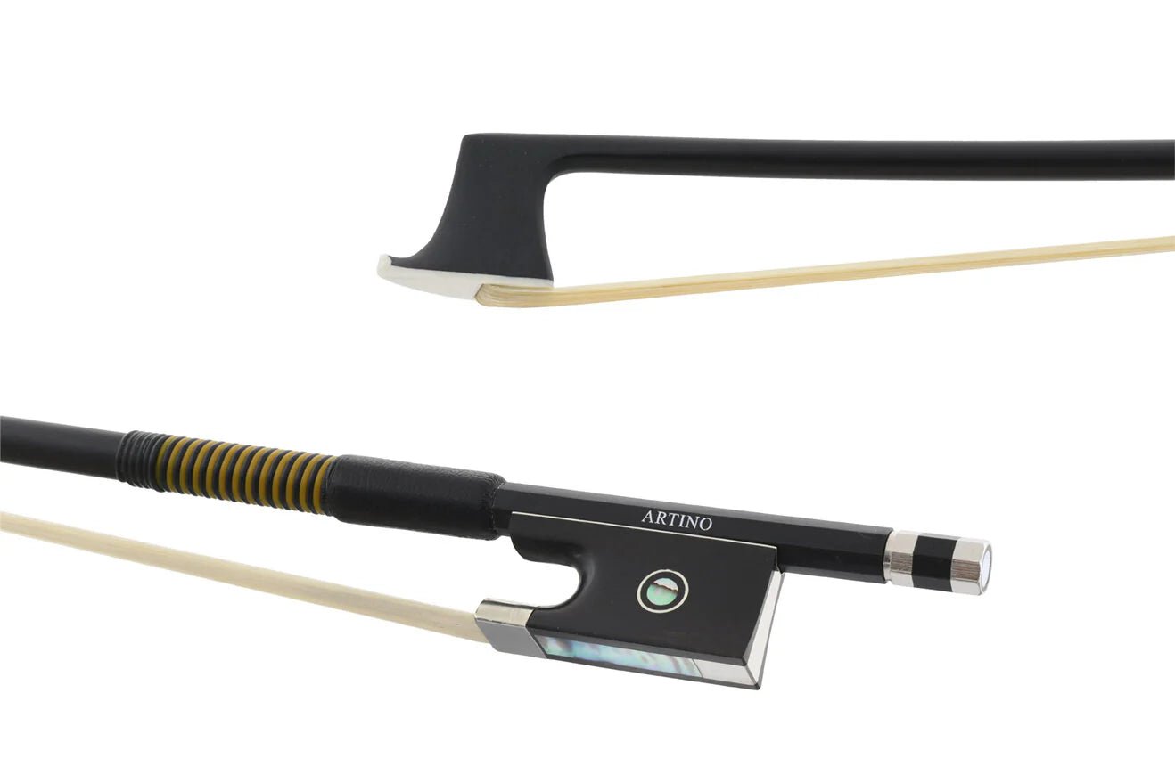 Close-up of the Artino Carbon Composite Violin Bow, featuring a black carbon fiber stick, silver tip, mother-of-pearl inlaid frog, wrapped grip, and light-colored bow hair.