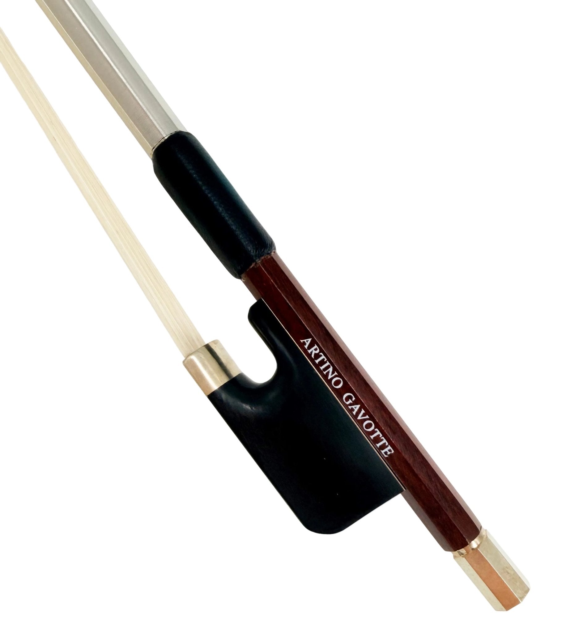 A close-up of the Artino Gavotte BBC-180RA Premium Brazilwood Viola Bow showcases its wooden stick, black frog, and metallic fittings against a plain white background—an excellent choice for an intermediate viola bow.