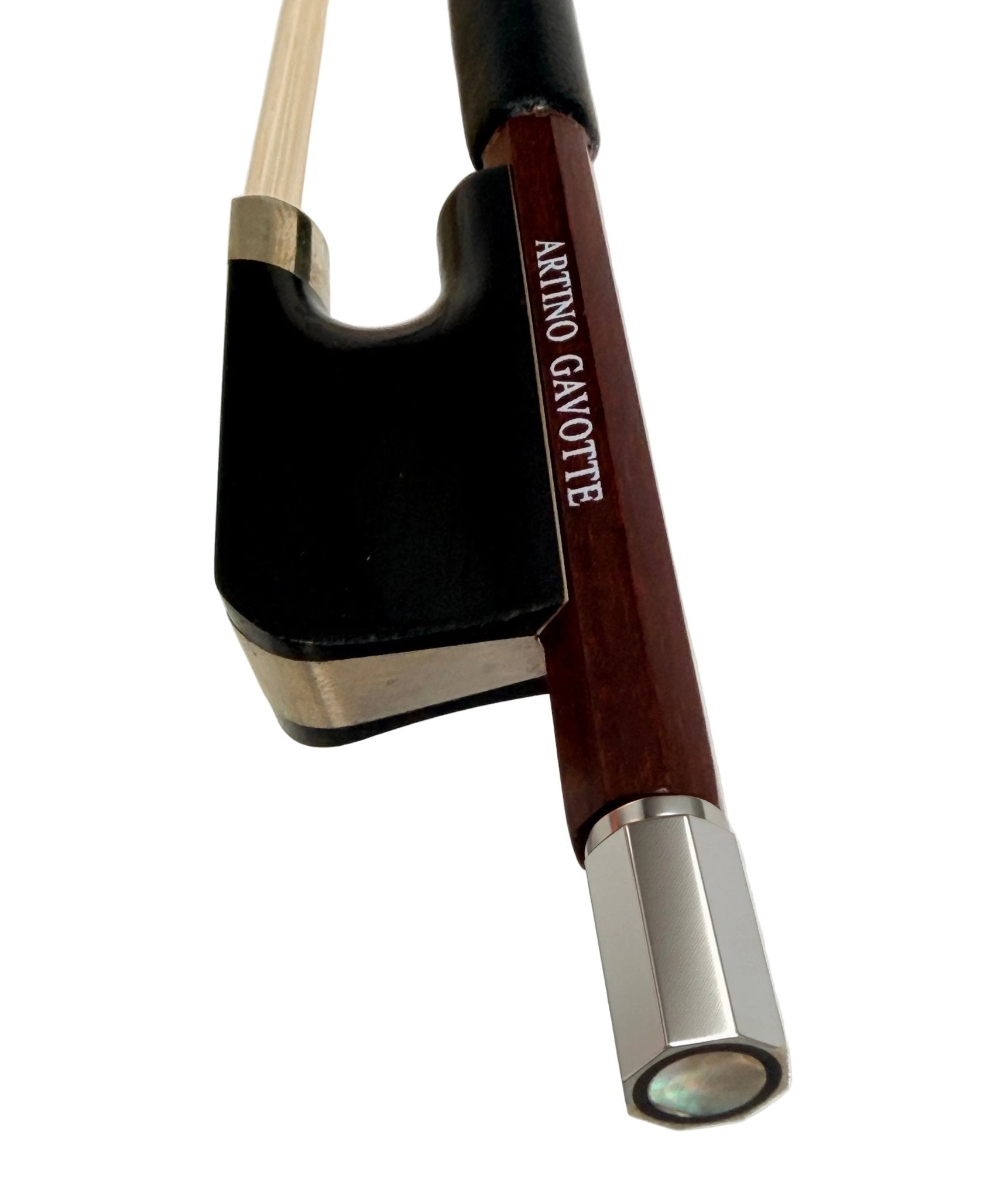 Close-up view of the Artino Gavotte BBC-180RA Premium Brazilwood Viola Bow, showcasing the “ARTINO GAVOTTE” inscription on the wooden stick near the frog and silver fittings, set against a plain light background—a superb intermediate viola bow for advancing players.