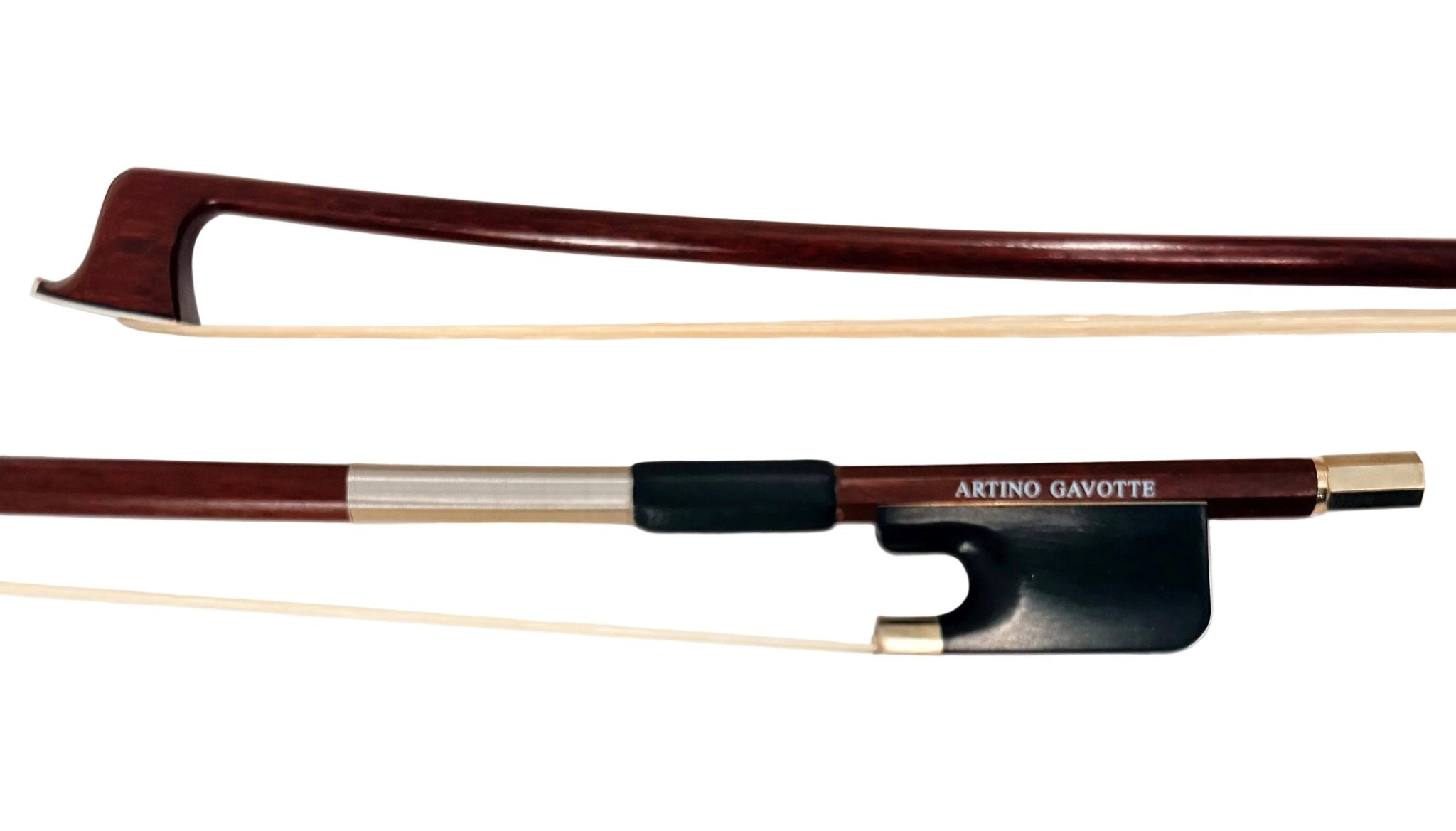 A close-up photo of the intermediate Artino Gavotte BBC-180RA Premium Brazilwood Viola Bow, featuring “ARTINO GAVOTTE” printed on the frog, set against a white background.