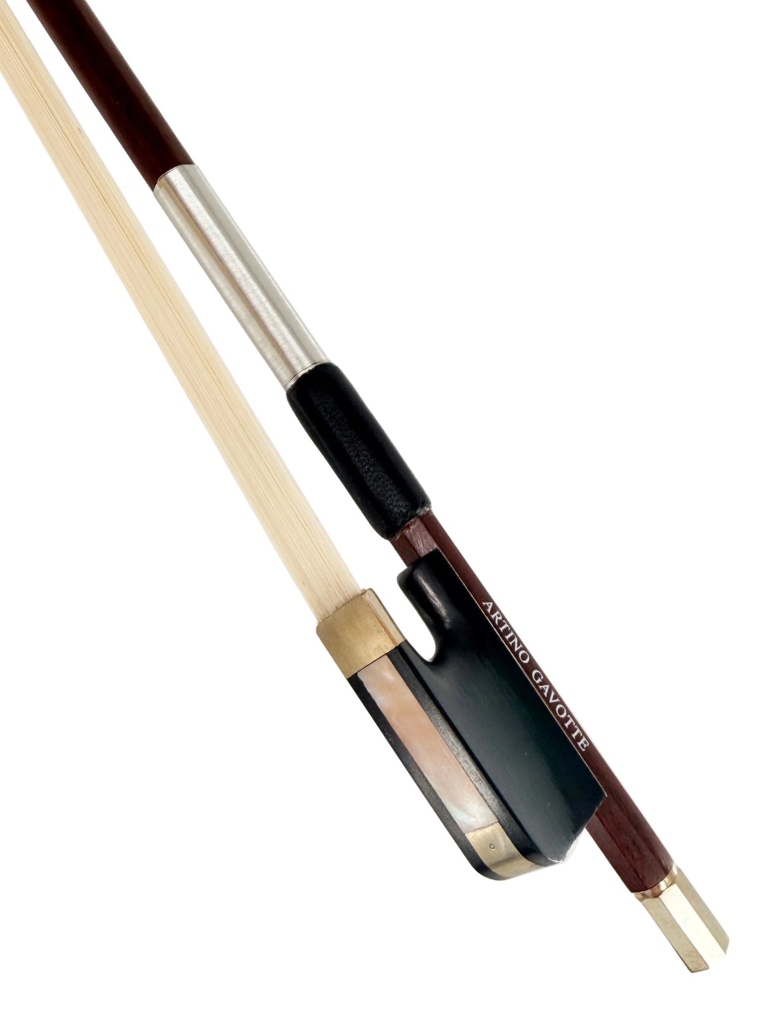 A close-up of the Artino Gavotte BBC-180RA Premium Brazilwood Viola Bow, highlighting the frog, screw, and hair, with the ARTINO GAVOTTE branding visible on the wooden stick against a plain white background—an excellent intermediate viola bow for advancing players.