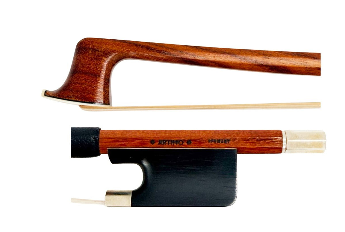Close-up of the Artino Germany BF-215A Pernambuco Viola Bow – Octagonal, showcasing its finely curved pernambuco wood tip and precision screw mechanism, with a black frog and refined silver accents, set against a white background.