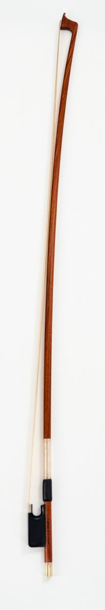 An Artino Germany BF-215A Pernambuco Viola Bow – Octagonal, featuring a wooden octagonal stick, white horsehair, a black frog, and a screw at the end, is displayed vertically against a white background. This bow exemplifies German craftsmanship and quality materials for an exceptional playing experience.