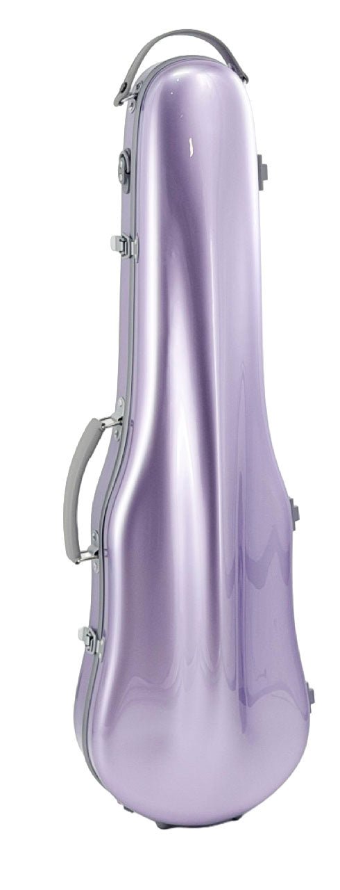 The Artino Muse CN3804 Violin Case | 4/4 & 3/4 is a glossy, light purple polycarbonate case featuring a handle and secure latches. Designed with a suspension-style interior to hold your violin safely, it stands upright against a white background.