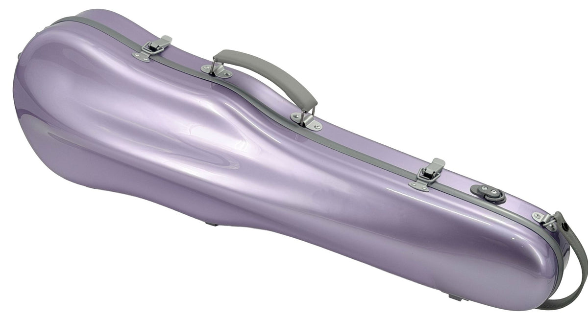 The Artino Muse CN3804 Violin Case (4/4 & 3/4) is a glossy, light purple polycarbonate case featuring silver latches and a gray handle, shown closed and viewed from above.
