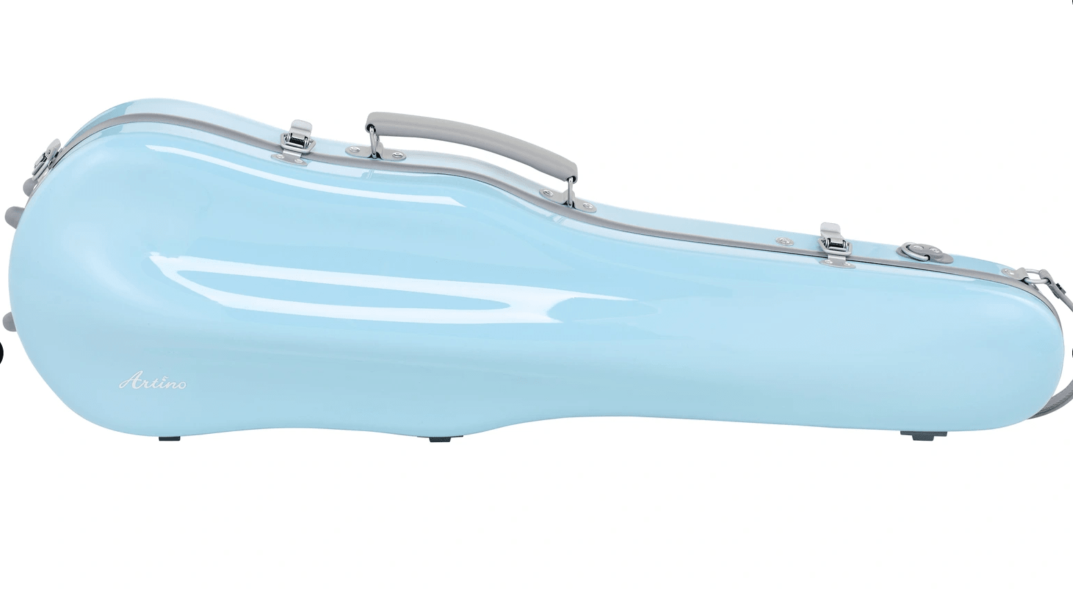 The Artino Muse CN3804 Violin Case (4/4 & 3/4) is shown in light blue, featuring a robust polycarbonate shell, a gray handle, and silver latches, photographed against a white background.