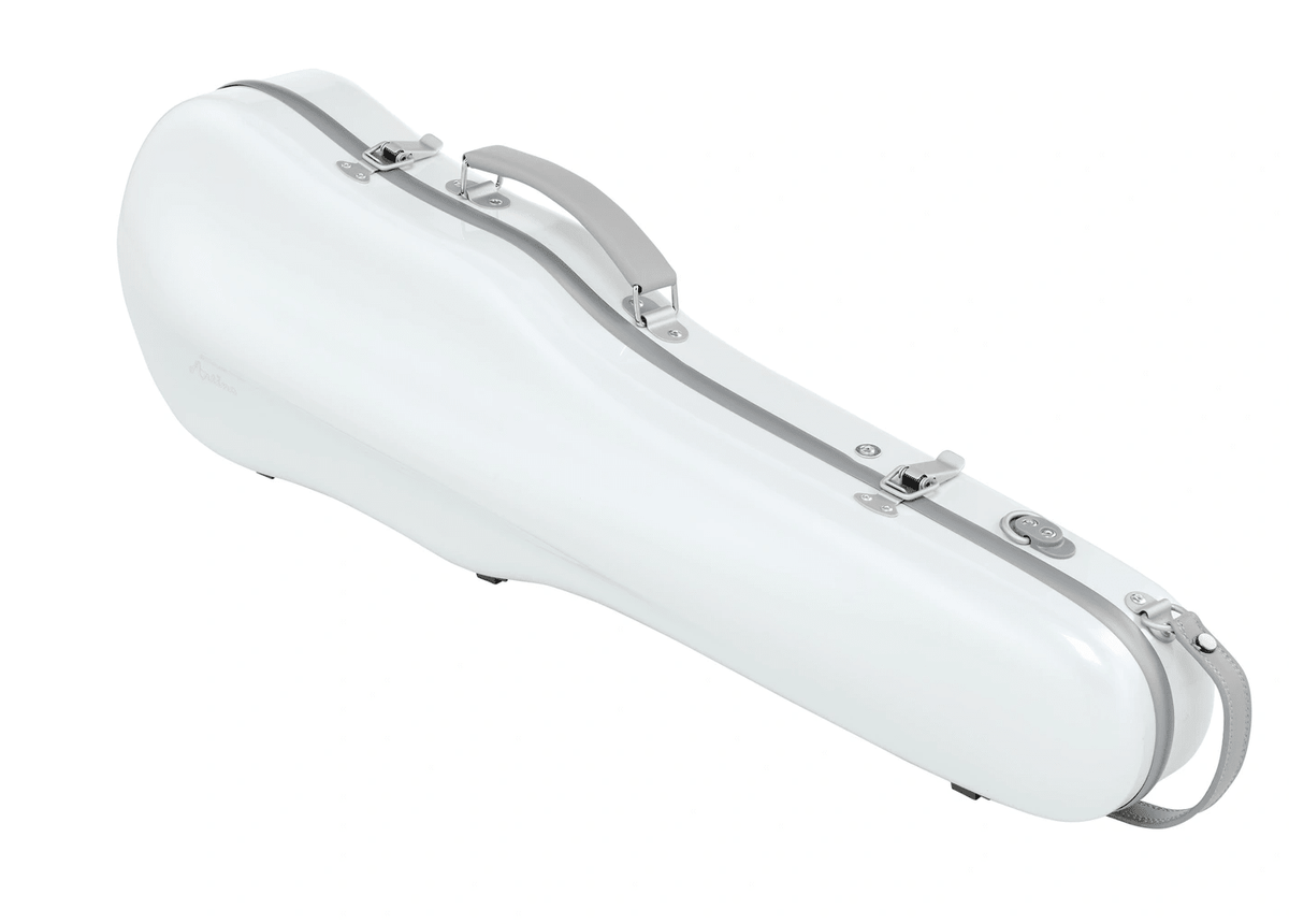 The Artino Muse CN3804 Violin Case (4/4 & 3/4) is displayed closed, featuring a white polycarbonate hard shell, a gray handle, and metal latches, resting on a white background.