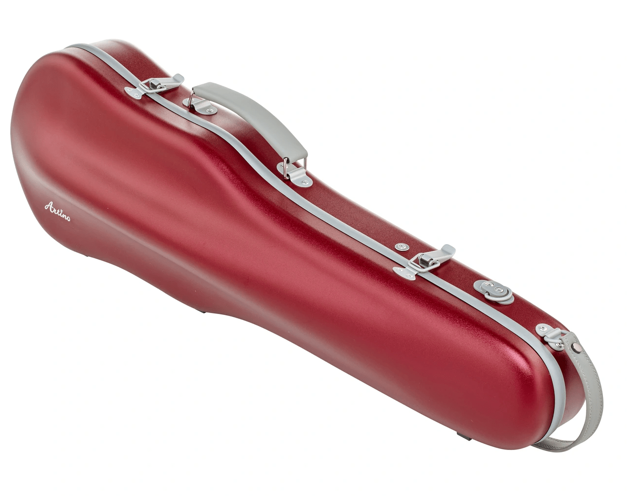 Artino Muse CN3804 Violin Case (for 4/4 & 3/4): A glossy red, contoured case featuring a durable polycarbonate shell, silver latches, a handle, and a shoulder strap, shown on a white background.