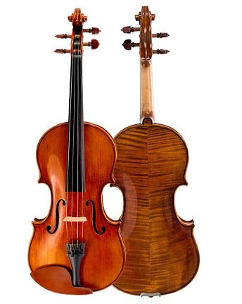 Two violins from the Atelier Violin Outfit Special are shown: one faces forward, highlighting strings and f-holes, while the other shows its polished brown wood grain.