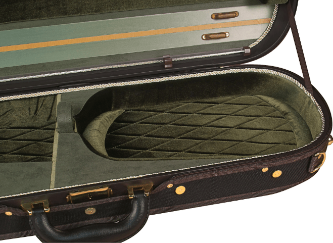 The Baker Street 4030 Oblong Violin Case features an open, empty interior lined with green velvet, quilted padding, and gold accents on the handle and latches—a luxury accessory among violin cases that is both stylish and lightweight.