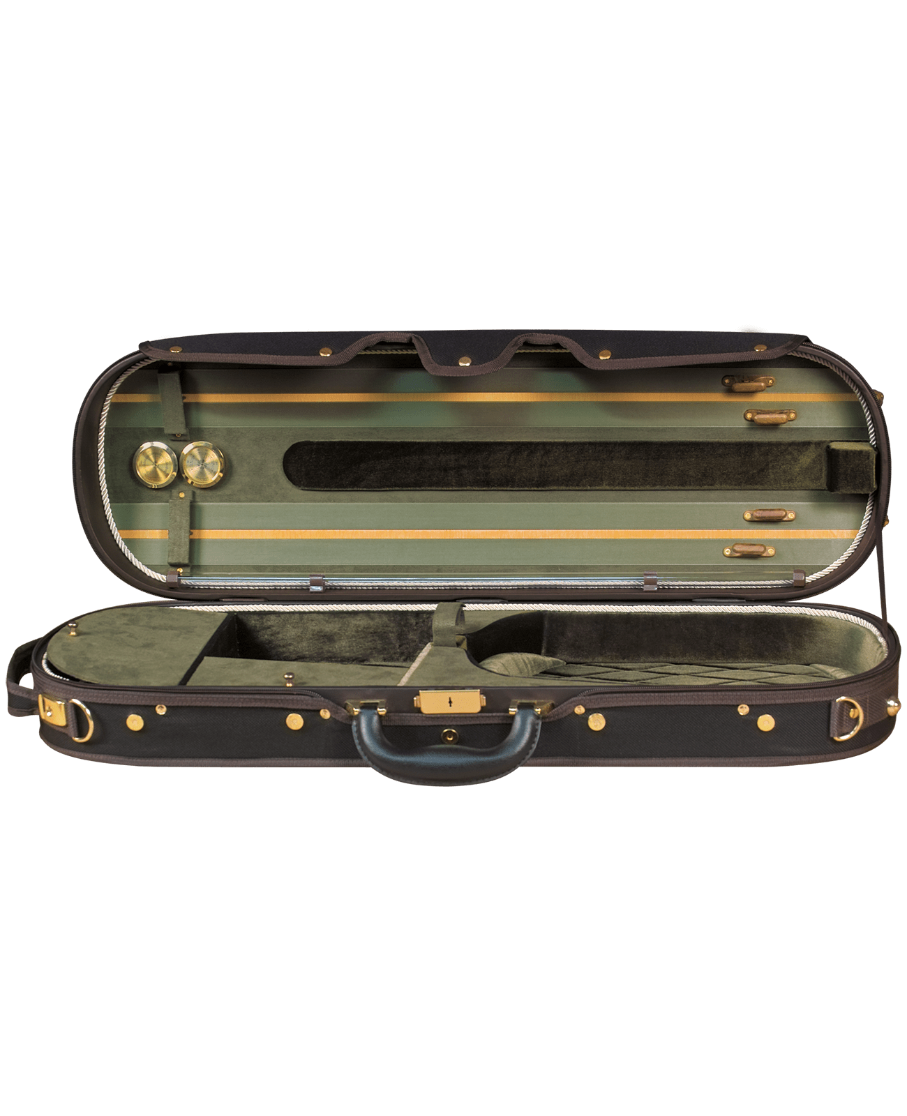 The Baker Street 4030 Oblong Violin Case features a black exterior, green velvet interior, accessory compartments, gold-tone hardware, bow holders, and two round rosin compartments in the lid for a touch of elegance.
