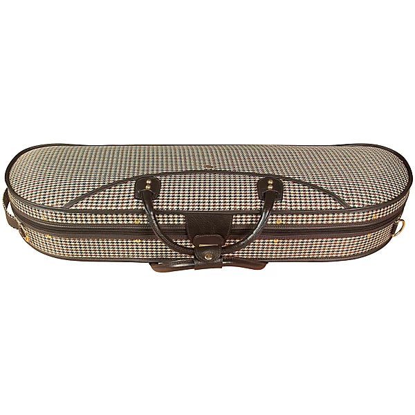The Baker Street BK4000 Oblong Violin Case features a lightweight houndstooth design, rounded edges, brown leather accents, dual handles, and gold-tone hardware—perfect for students. Shown closed on a white background.