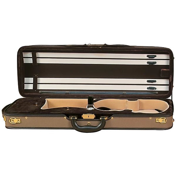 The Baker Street BK4010 Oblong Violin Case features a scratch-resistant nylon exterior, soft padded interior, visible bow holders, compartments for your violin and accessories, gold-tone latches, and a black handle.