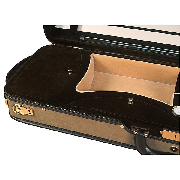 The Baker Street BK4010 Oblong Violin Case features a soft dark interior with tan trim, central accessory compartment, gold side latch, and a scratch-resistant nylon exterior.