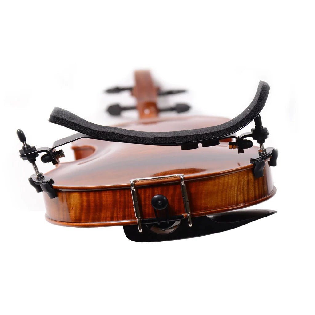 Close-up view of a violin from the tailpiece end, showing the chin rest, fine tuners, polished wooden body, and a Bonmusica Violin Shoulder Rest against a white background.