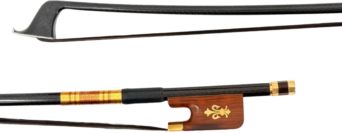 Carbon fiber cello bow with rosewood frog and fleur-de-lis inlay, head and frog