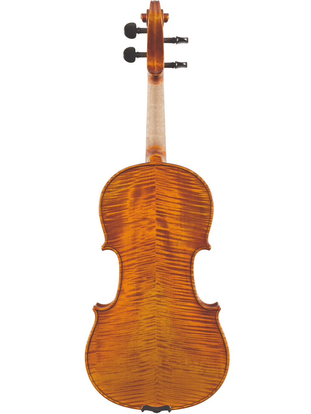 The Canzona A. Tennyson Advanced Violin for advancing players is shown from the back, revealing glossy, rich brown wood with visible grain and curved sides, crafted from AAA-grade seasoned spruce on a plain white background.