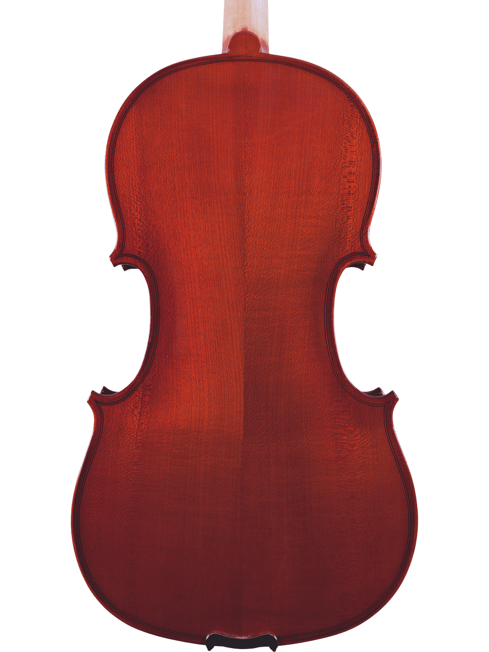 The image displays the back of the Canzona Allegra Student Viola Outfit – Hand Carved Spruce & Maple, highlighting its polished reddish-brown finish and visible wood grain against a plain white background.