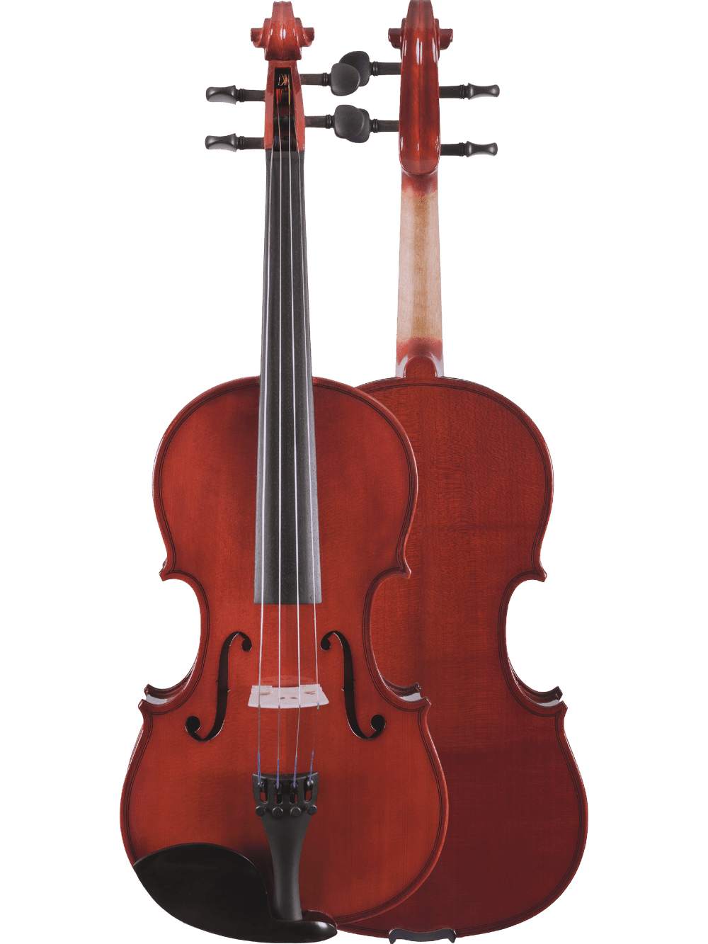 Two violins are shown: one displays the front with four strings, F-holes, and a black chinrest; the other shows the wood grain and curved back—perfect for comparison with the Canzona Allegra Student Viola Outfit – Hand Carved Spruce & Maple.