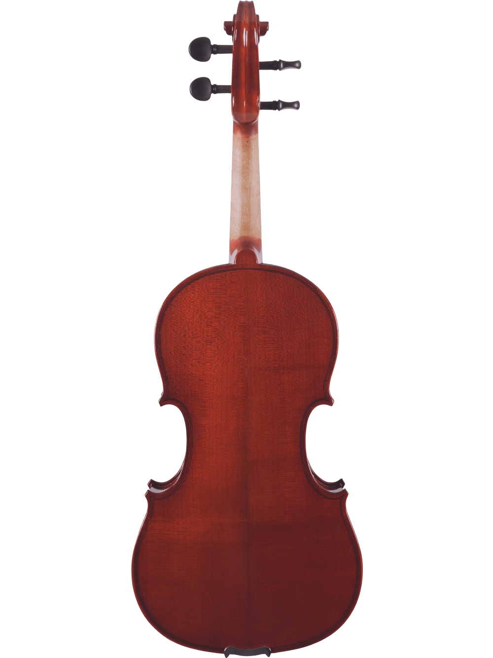 A Canzona Allegra Student Viola Outfit—hand carved from spruce and maple—is photographed from the back, showcasing its polished wooden surface, curved sides, neck with tuning pegs, all against a plain white background.