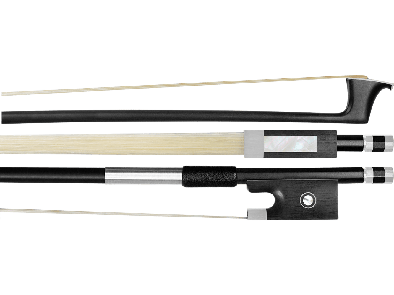 Close-up of a student violin bow showing stick, hair, frog, and screw with silver and mother-of-pearl accents against a white background. Perfect for pairing with the Canzona Allegra Violin Outfit featuring a professional setup.