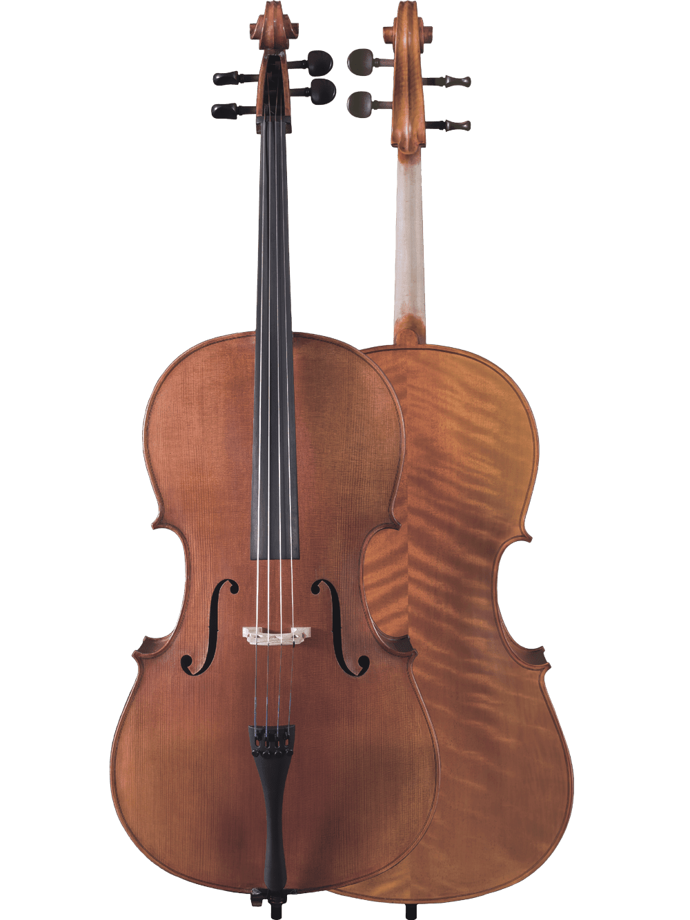 Two wooden Canzona Caprice 300 Cello Outfits are pictured upright against a plain white background: one displays its hand-carved front with visible strings and f-holes, while the other shows its glossy back. Both are ideal for students.