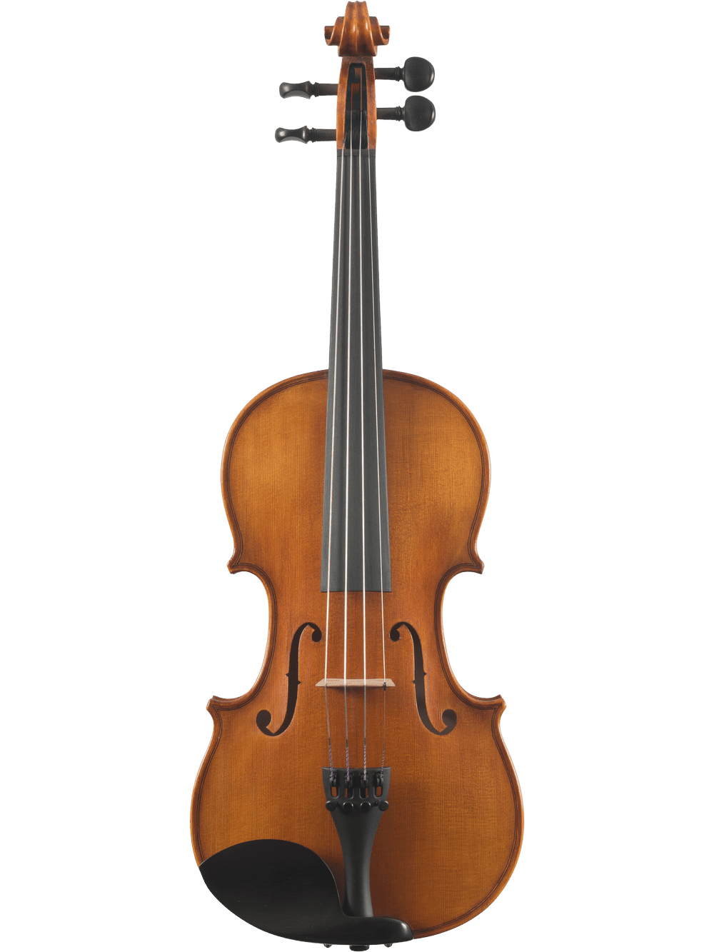 A full view of the Canzona Caprice 300 Series Intermediate Viola Outfit—hand-carved spruce and maple, with four strings, black chin rest, and tuning pegs—photographed on a plain white background; perfect for advancing students.
