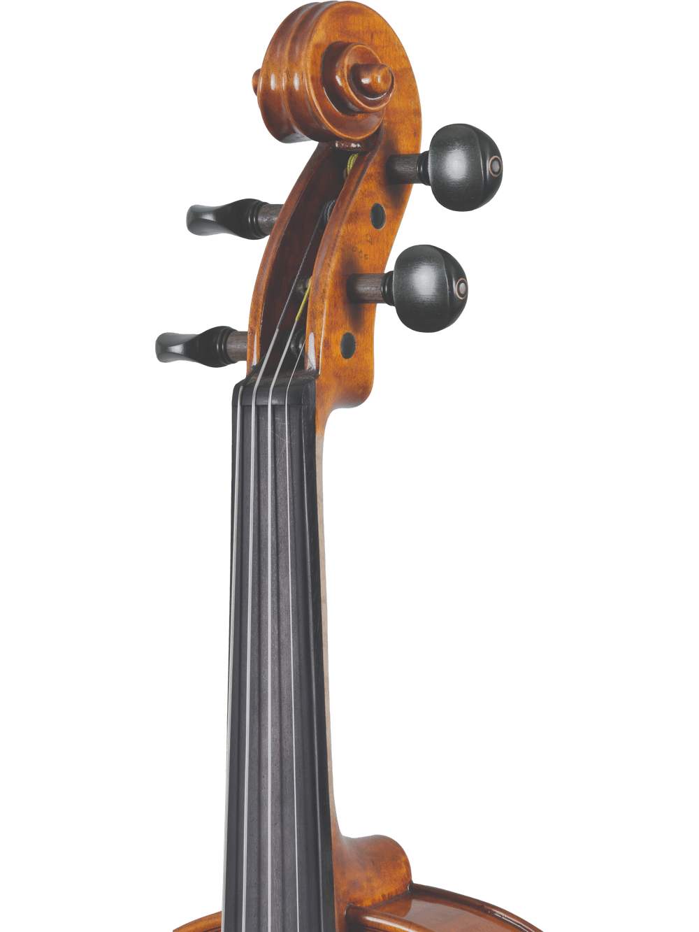 Close-up of the scroll, tuning pegs, and upper fingerboard of the Canzona Francesco Veracini 530 Artist Series Violin – AAA Spruce & Flamed Maple, set against a white background.
