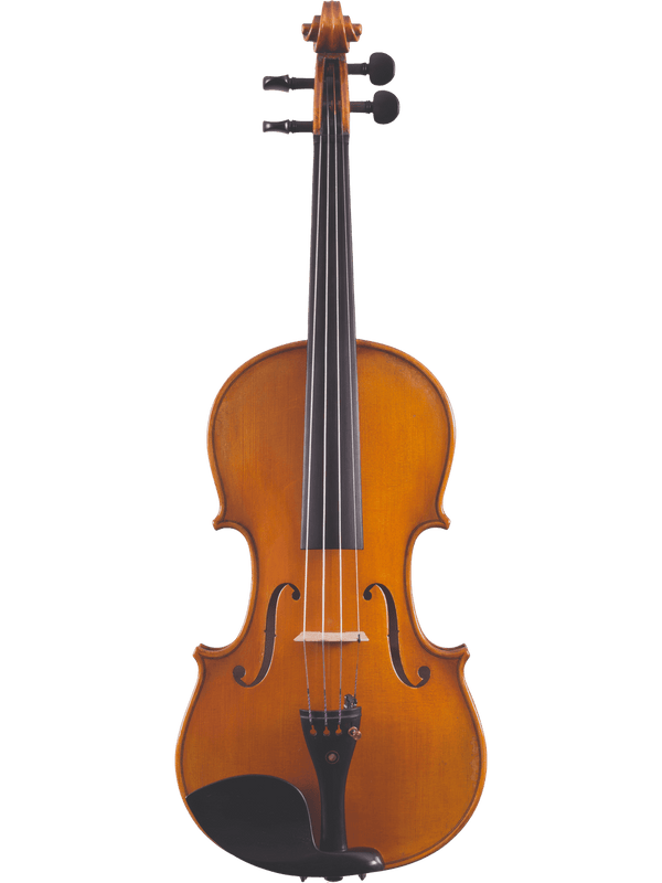 A full view of the Canzona Francesco Veracini 530 Artist Series Violin, crafted from AAA spruce and flamed maple with a chin rest, black tuning pegs, and strings, photographed against a plain white background.