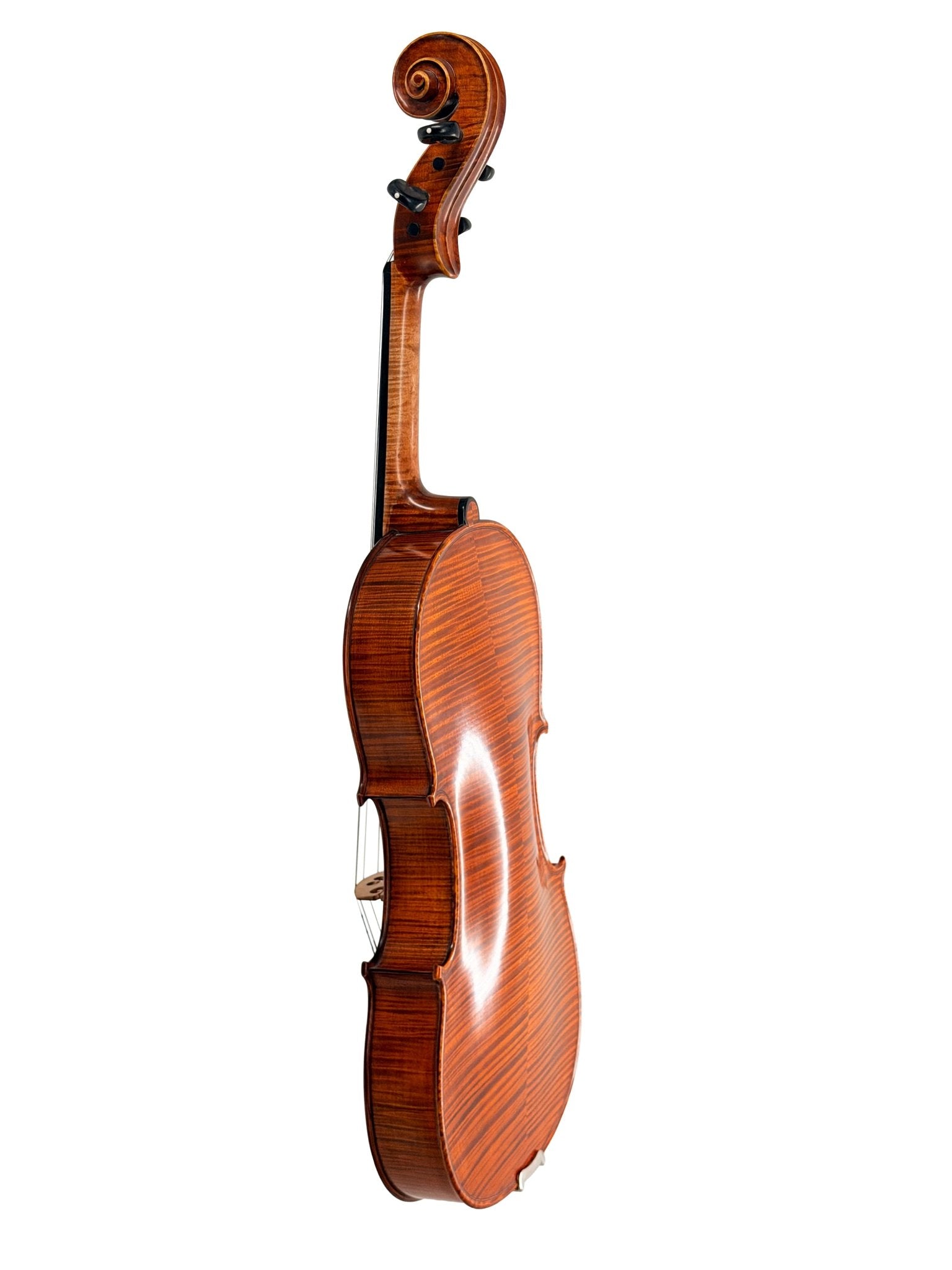 The Canzona Maestro-Level Viola – New Old Stock, Romanian made, features flamed maple and bear claw spruce, showcasing its polished reddish-brown body and elegant curves against a white background—a true maestro-level instrument.