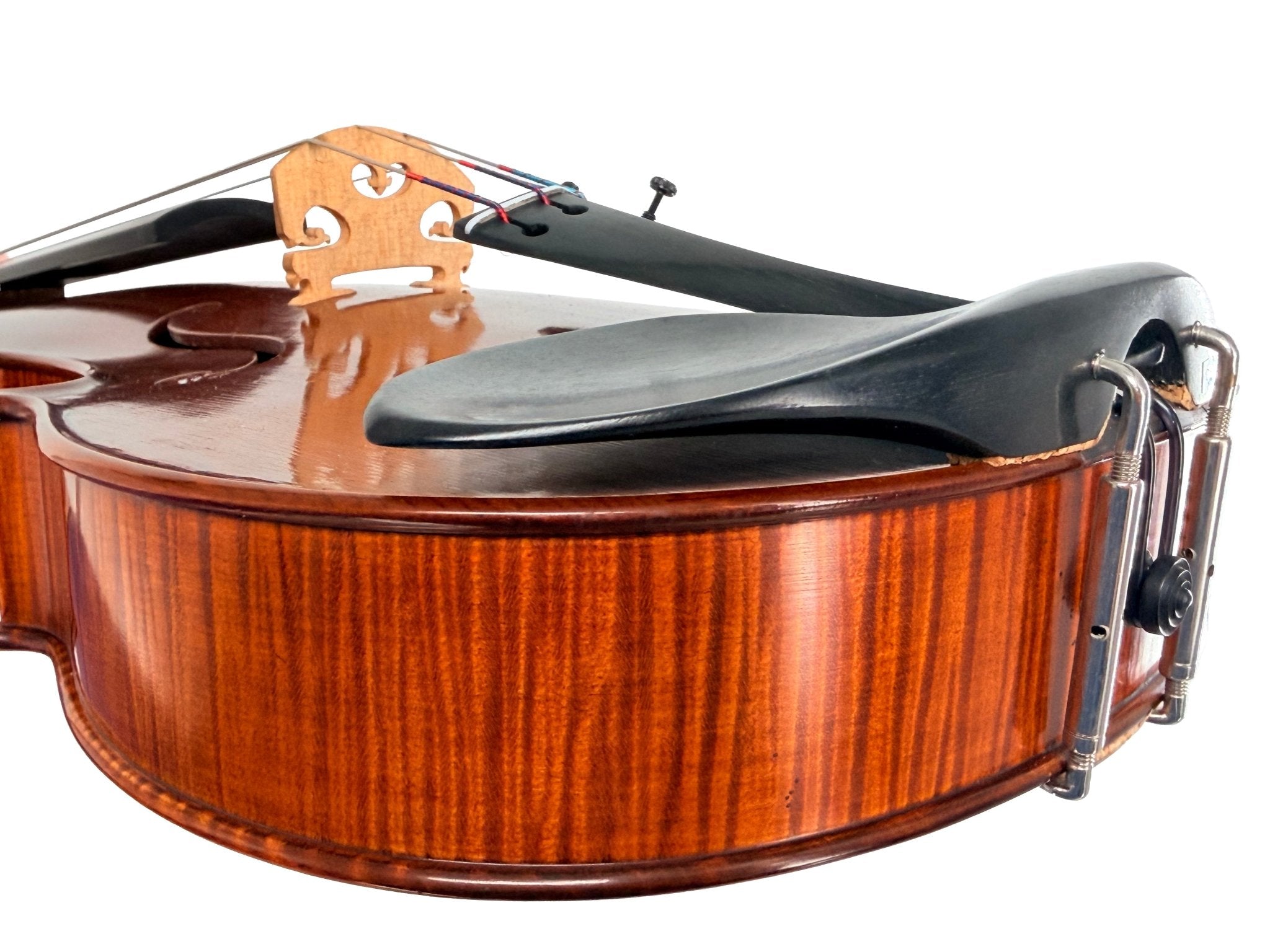 Close-up of the Canzona Maestro-Level Viola – New Old Stock, Romanian made, featuring flamed maple back, bear claw spruce top, black chin rest, tailpiece, bridge, and fine tuners against a white background.