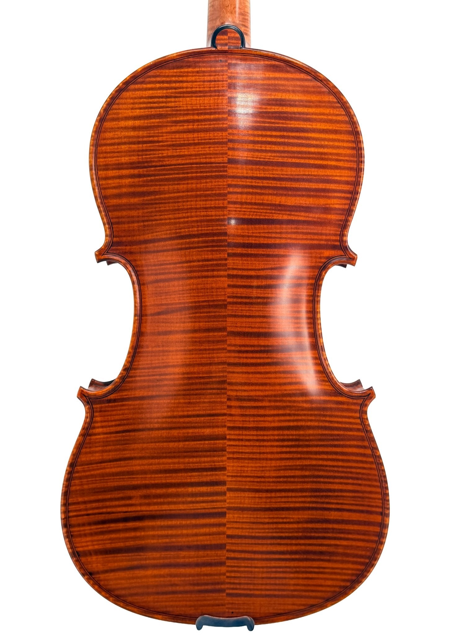 The back of the Canzona Maestro-Level Viola – New Old Stock, Romanian Made, features a glossy, rich reddish-brown finish with striking horizontal flamed maple grain and matured bear claw spruce for premium tone.