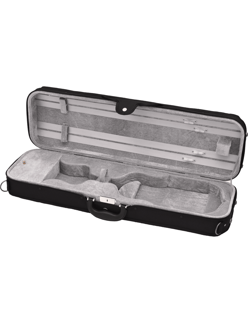 The Canzona Milano 400 Series Viola Outfit includes a black hard-shell case with a handle and metal clasps, featuring a light gray padded interior with compartments for your student viola and accessories.