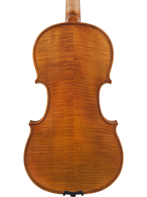 The Canzona Milano Violin Outfit, shown from the back, highlights its polished wood surface with a warm brown finish and distinct grain patterns—an excellent choice for advanced students.